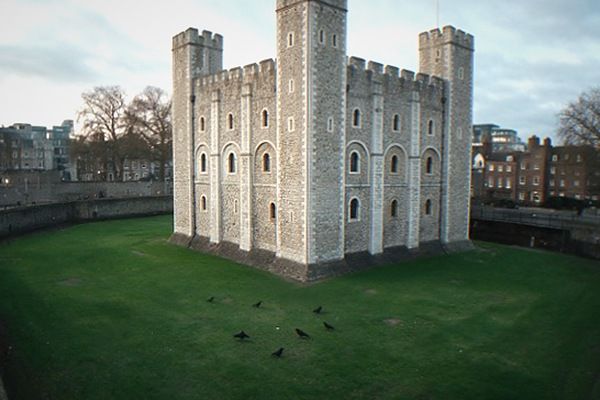 The Tower of London seen from the Thames with the White Tower and medieval walls