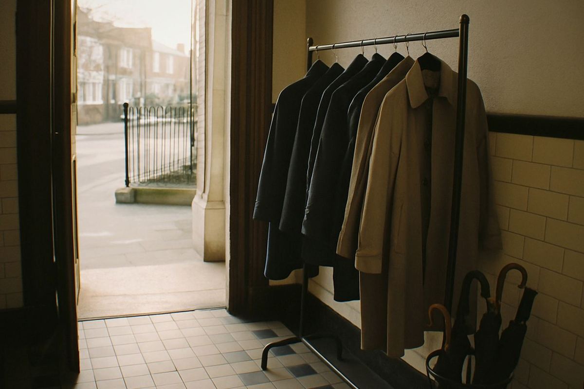 A museum gallery wall displaying vintage postal uniforms, leather mail bags and old sorting equipment